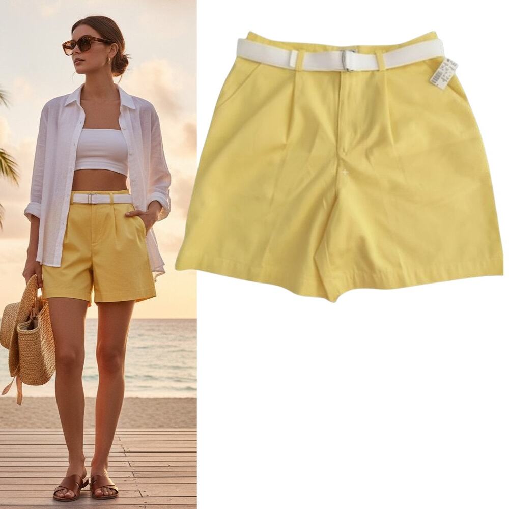 St. John's Bay 7" Bermuda Shorts 12 Yellow Pleated Belted Adjustable Waist
